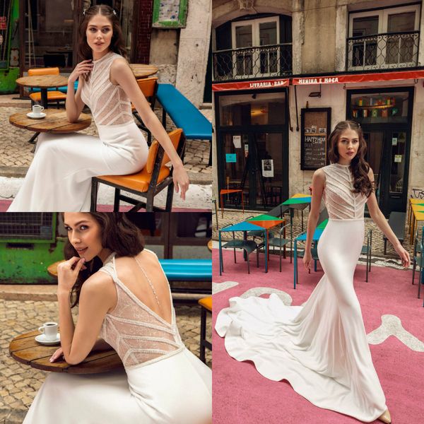 2019 berta new wedding dresses jewel neck lace sequins sleeveless satin bridal gowns hollow back sweep train boho mermaid wedding dress, White
2019 berta new wedding dresses jewel neck lace sequins sleeveless satin bridal gowns hollow back sweep train boho mermaid wedding dress, White