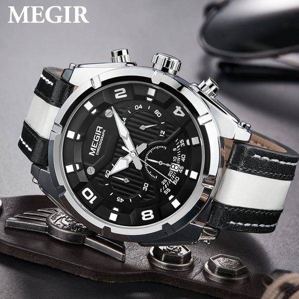 

megir fashion men's chronograph quartz watches leather strap luminous hands 24-hour sports analogue wristwatch for man 2076 new, Slivery;brown