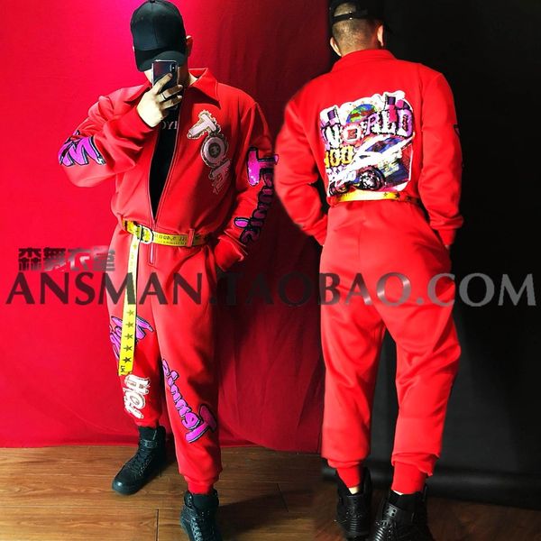 2019 new european and american personality male singer dj ds red print hip hop jumpsuits performance costumes, Black
2019 new european and american personality male singer dj ds red print hip hop jumpsuits performance costumes, Black