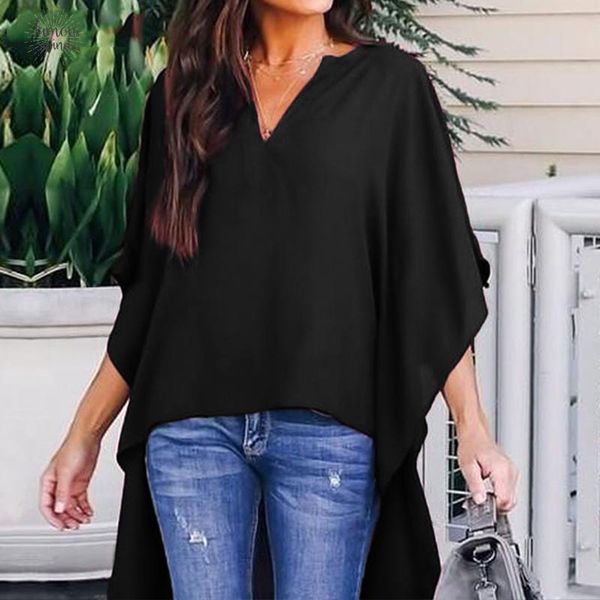 

women blouses asymmetrical 2019 spring v neck batwing sleeve solid elegant longline blouse plus size shirts, White