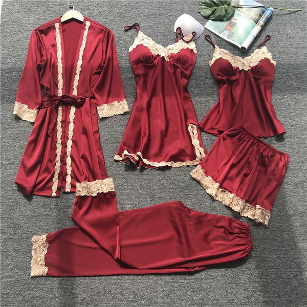 5 piece homewear women set pyjama femme silk nightwear women lingerie lace pyjama bridesmaid robes satin kimono red, Blue;gray 
5 piece homewear women set pyjama femme silk nightwear women lingerie lace pyjama bridesmaid robes satin kimono red, Blue;gray