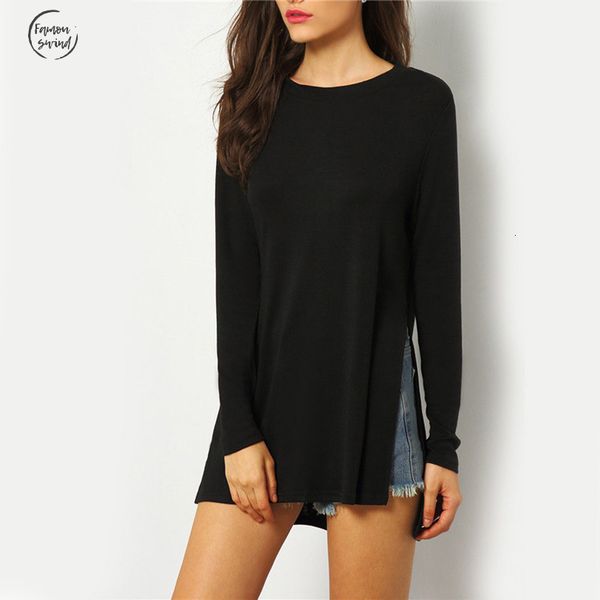 t shirt autumn dip style black new hem split side casual solid round neck long sleeve split loose, White
t shirt autumn dip style black new hem split side casual solid round neck long sleeve split loose, White