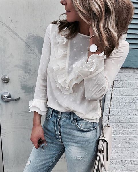 autumn solid color long sleeve ruffles design lady's slim summer fashion o-neck casual women t-shirt, White
autumn solid color long sleeve ruffles design lady's slim summer fashion o-neck casual women t-shirt, White