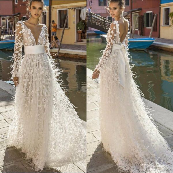 2019 a line beach wedding dresses bridal gowns lace 3d floral appliqued v neck long sleeve bohemia wedding dress feather robe de mariée, White
2019 a line beach wedding dresses bridal gowns lace 3d floral appliqued v neck long sleeve bohemia wedding dress feather robe de mariée, White