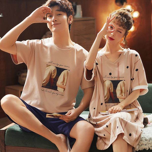 short sleeve 2020 summer pajamas loose men's couple pajamas set + pants young couple set women's nightdress, Black;brown
short sleeve 2020 summer pajamas loose men's couple pajamas set + pants young couple set women's nightdress, Black;brown