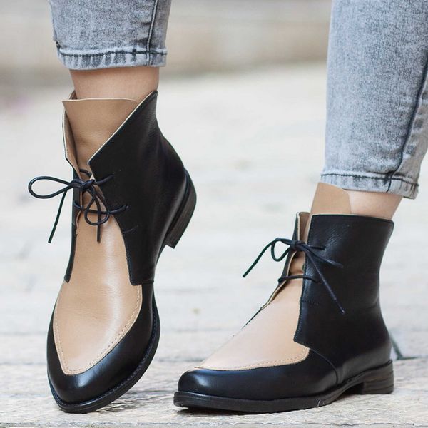 women's fashion pointed toe flat boots 2020 new ladies color matching pu leather lace up ankle boots casual comfort, Black
women's fashion pointed toe flat boots 2020 new ladies color matching pu leather lace up ankle boots casual comfort, Black