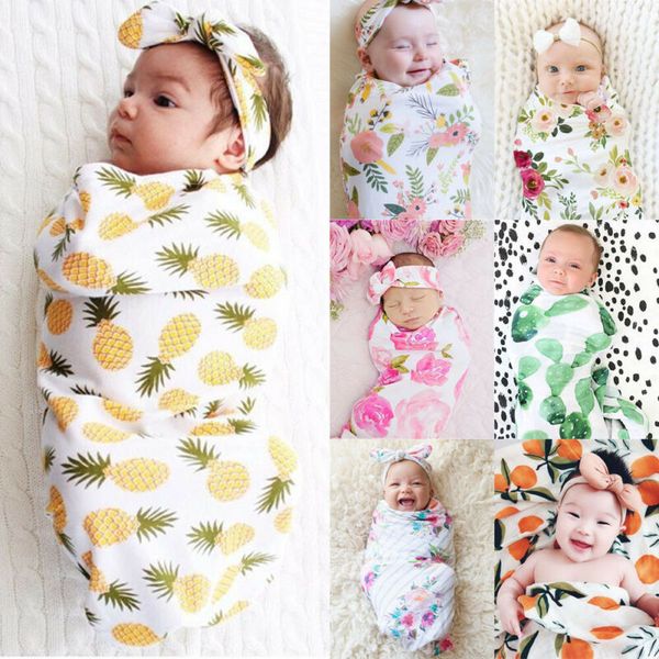 2pcs Newborn Baby Floral Swaddle Wrap Swaddling Sleeping Bag Blanket Headband Set Infant Muslin Blanket Infant Sleeping Bag