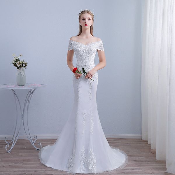 mermaid off shoulder lace tulle wedding dress 2020 sweep train wedding gowns short sleeves bride gowns trouwjurk, White
mermaid off shoulder lace tulle wedding dress 2020 sweep train wedding gowns short sleeves bride gowns trouwjurk, White