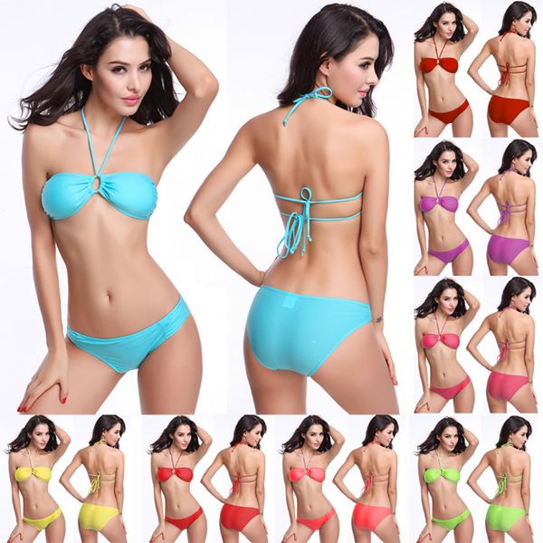 bikini hanging neck gathered bikini swimsuit with chest pad nylon bikini, White;black