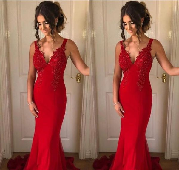2019 red mermaid prom dress deep v neck spaghetti straps lace appliques beads sweep train special occasion dresses custom made evening gown, Black
2019 red mermaid prom dress deep v neck spaghetti straps lace appliques beads sweep train special occasion dresses custom made evening gown, Black