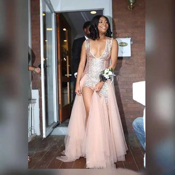 charming blush pink prom dresses deep v neck sequined tulle mermaid evening gowns side split formal party dress custom made, Black
charming blush pink prom dresses deep v neck sequined tulle mermaid evening gowns side split formal party dress custom made, Black