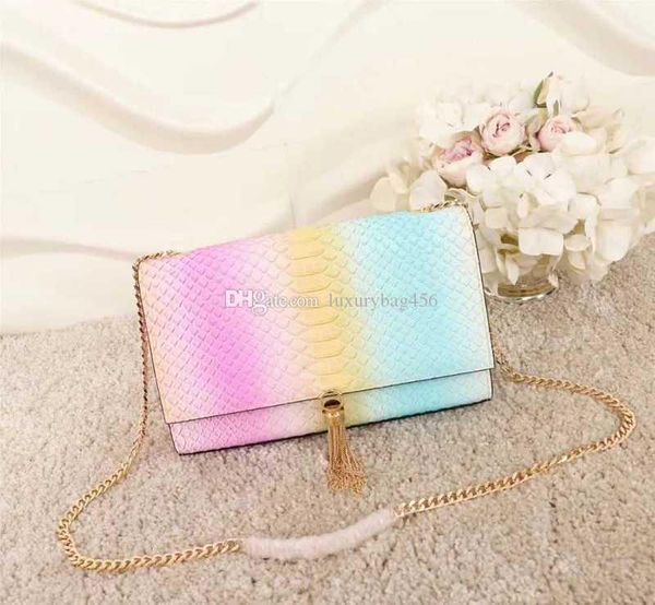 european and american classic handbags rainbow color shoulder bag python skin texture perfect metal tassels lead the fashion trend
european and american classic handbags rainbow color shoulder bag python skin texture perfect metal tassels lead the fashion trend