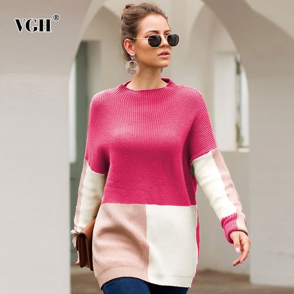 

vgh patchwork hit color women's sweater o neck lantern sleeves loose knitting pullovers casual sweaters for female 2019 fashion, White;black