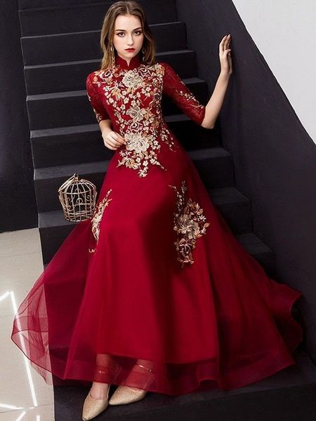 2019 red evening dress high neck 1/2 long sleeve floor train a-line lace bodice african chiffon prom dress robe de soiree vestidos de festa, Black;red
2019 red evening dress high neck 1/2 long sleeve floor train a-line lace bodice african chiffon prom dress robe de soiree vestidos de festa, Black;red