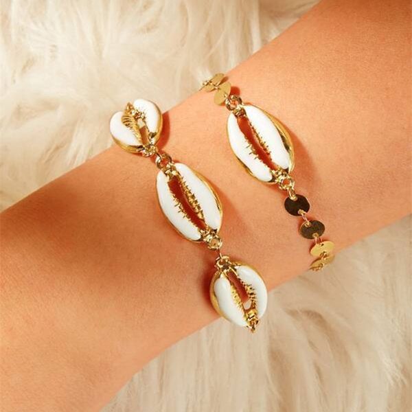 link, chain 2 pcs/set vintage gold color anklet bracelet women sequins shell geometric charm bohemian ankle jewelry, Black
link, chain 2 pcs/set vintage gold color anklet bracelet women sequins shell geometric charm bohemian ankle jewelry, Black