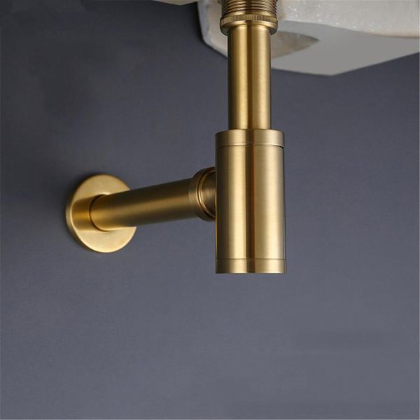 

Brass Bathroom Basin Bottle Trap, Brushed Gold P Trap with Unslotted Pop Up Drain Slotted Strainer