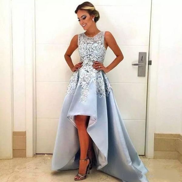 light blue jewel neck hi-low prom dresses lace satin formal evening dresses prom gowns vestidos de festa special occasion dresses, Black
light blue jewel neck hi-low prom dresses lace satin formal evening dresses prom gowns vestidos de festa special occasion dresses, Black