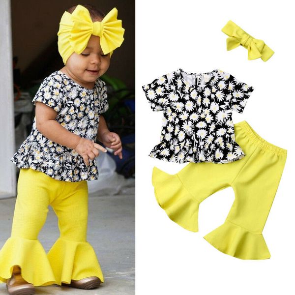 3pcs toddler infant baby girl short sleeve dasiy t-shirt bell-bottoms outfit