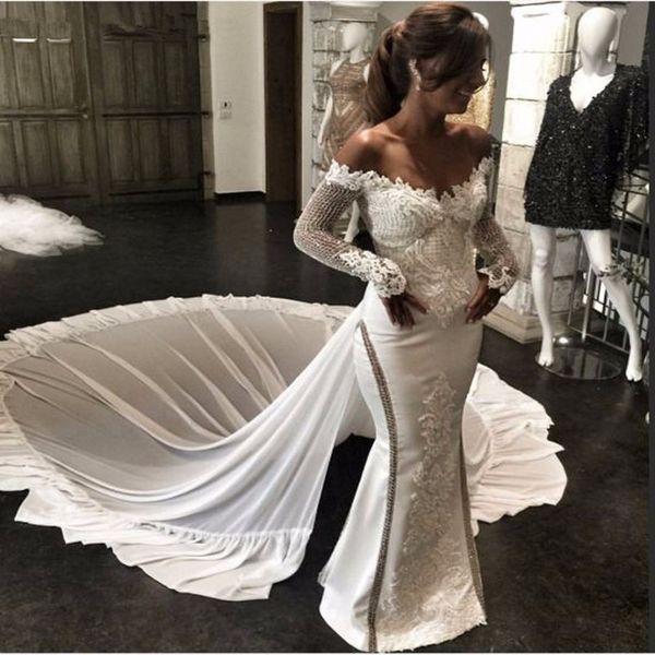 stylish mermaid beaded wedding dresses with detachable train off the shoulder lace appliqued bridal gowns long sleeves satin robes de mariée, White
stylish mermaid beaded wedding dresses with detachable train off the shoulder lace appliqued bridal gowns long sleeves satin robes de mariée, White