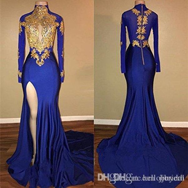 2018 arabic gold appliques high collar long sleeves prom dresses mermaid vintage high thigh split black girls evening gowns
2018 arabic gold appliques high collar long sleeves prom dresses mermaid vintage high thigh split black girls evening gowns