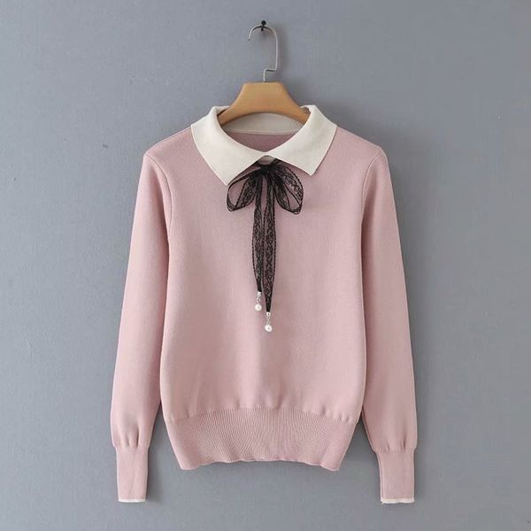women's sweaters yd40-8938 european and american fashion lapel tie sweater, White;black
women's sweaters yd40-8938 european and american fashion lapel tie sweater, White;black