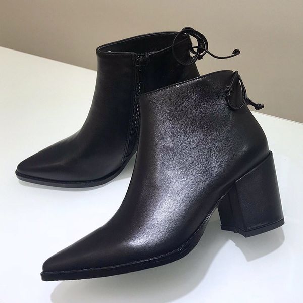 point toe boots spring autumn brand design square heels women shoes genuine leather female boots zip ankle, Black
point toe boots spring autumn brand design square heels women shoes genuine leather female boots zip ankle, Black