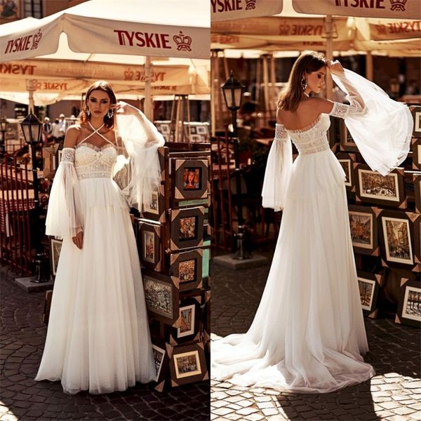 boho wedding dresses halter criss cross long sleeve appliqued lace a-line bridal dress backless sweep train beach robes de mariée, White
boho wedding dresses halter criss cross long sleeve appliqued lace a-line bridal dress backless sweep train beach robes de mariée, White