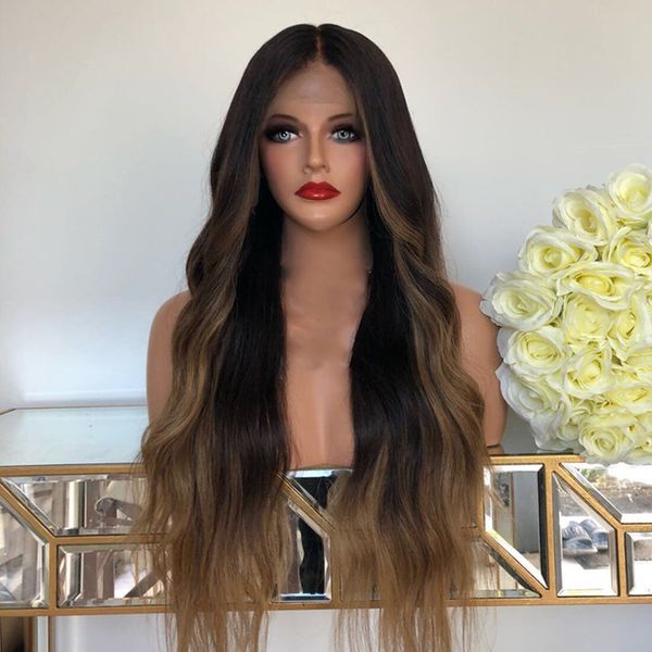 

ombre wavy blonde glueless full lace human hair wigs for women highlight brazilian body wave 13x6 deep part lace front wigs, Black;brown