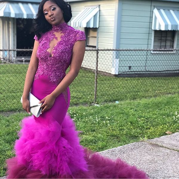 fuchsia purple prom dresses high neck cap sleeve lace ruffles tiered tulle skirt mermaid long evening party gowns customize plus size, Black
fuchsia purple prom dresses high neck cap sleeve lace ruffles tiered tulle skirt mermaid long evening party gowns customize plus size, Black