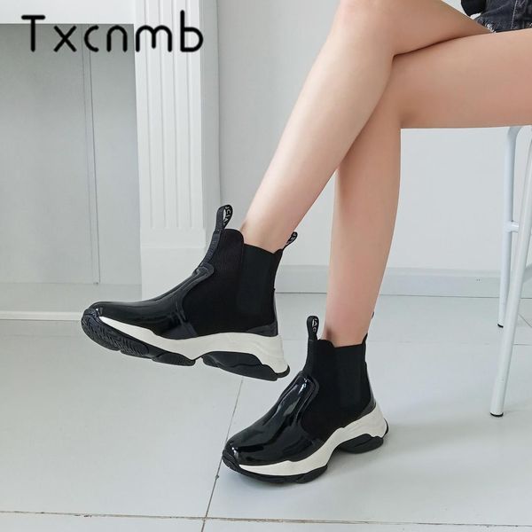 txcnmb patent leather ankle boots women platform heels round toe knitting boots female 2019 autumn shoes woman black
txcnmb patent leather ankle boots women platform heels round toe knitting boots female 2019 autumn shoes woman black