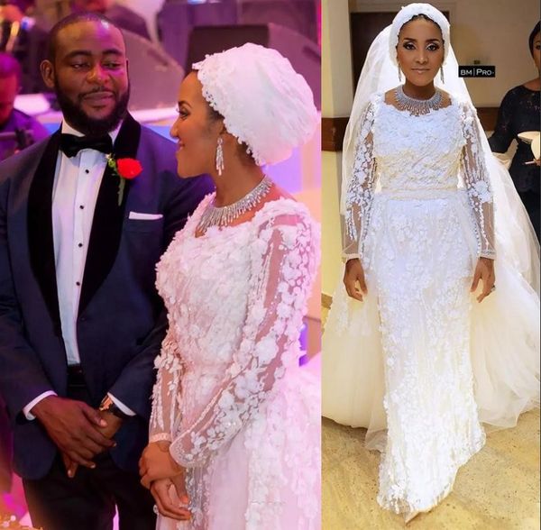 Lace Applique African Mermaid Wedding Dresses Detachable Train Long Sleeve 3D Flower Bridal Gowns Chapel Train Country Overskirt Bridal Wear
Lace Applique African Mermaid Wedding Dresses Detachable Train Long Sleeve 3D Flower Bridal Gowns Chapel Train Country Overskirt Bridal Wear