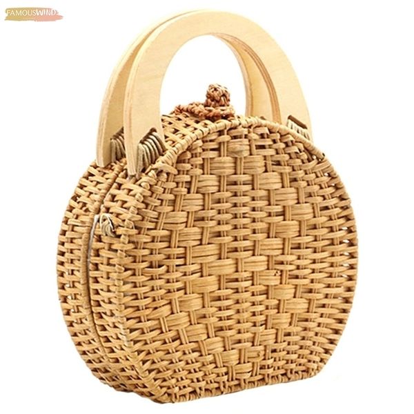 woman fashion plain wooden handle rattan knit hasp bag new straw bag shoulder messenger bag