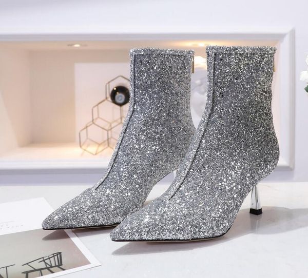 2019 womens bling bling shiny silver glitter black suede real leather back zip up short ankle boots