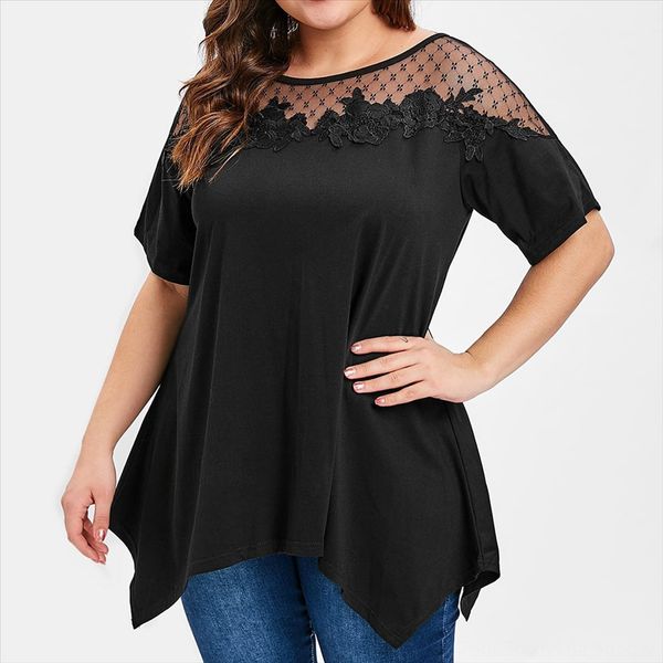 2019 women's fat woman large size solid color t-shirt lace lace short sleeve t-shirt top, White
2019 women's fat woman large size solid color t-shirt lace lace short sleeve t-shirt top, White