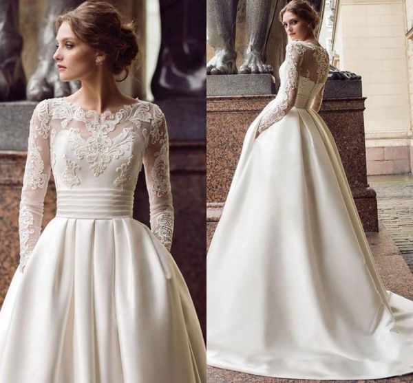 modest long sleeve wedding dresses with pockets scoop satin appliqued a line 2019 bridal gowns turkey vestidos de novia sweep train, White
modest long sleeve wedding dresses with pockets scoop satin appliqued a line 2019 bridal gowns turkey vestidos de novia sweep train, White