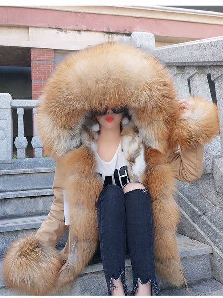 

maomaokong brand lavish brown raccoon fur trim hoody threshold brown white fox rabbit fur lining khaki mini parkas cuff fur jackets, Black