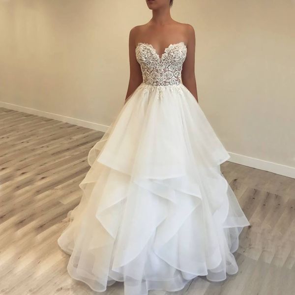 2019 simple generous sleeveless lace wedding dresses sweetheart neckline tiers raffles bridal gown vestido de novia, White
2019 simple generous sleeveless lace wedding dresses sweetheart neckline tiers raffles bridal gown vestido de novia, White