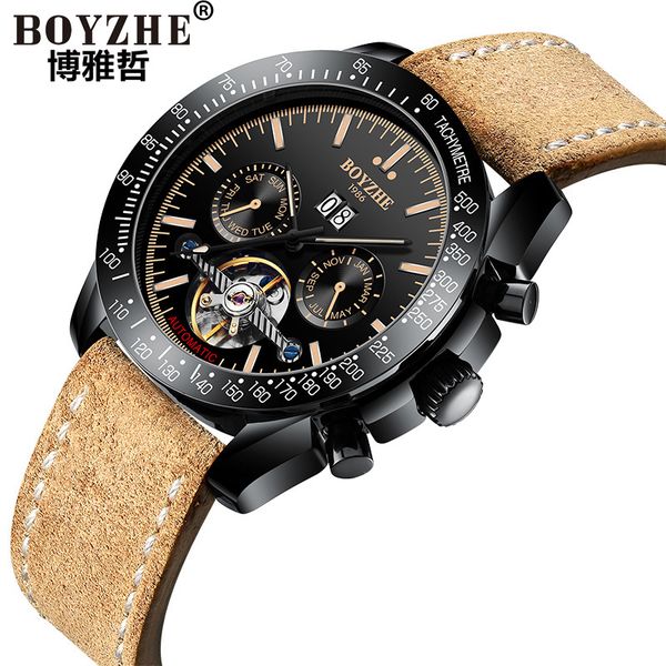 boyzhe fashion mens mechanical watches luminous multifunction sport leather strap mens automatic wristwatch, Slivery;brown