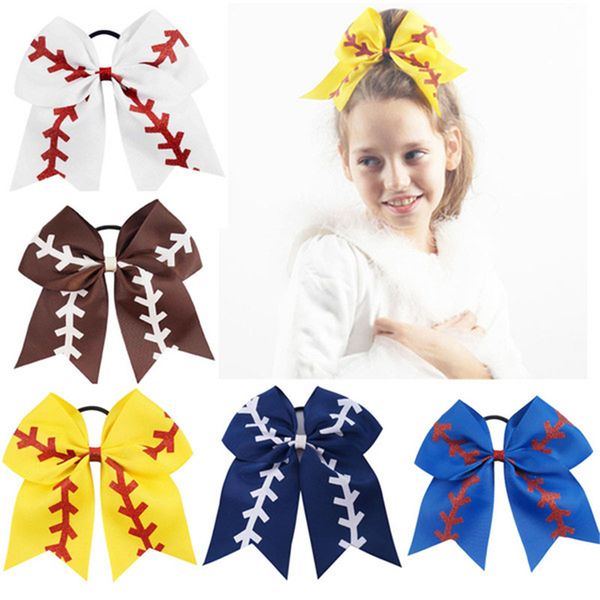 7" large softball team baseball cheer bows handmade yellow ribbon and red glitter stiches with ponytail hair holders for cheerleading f, Slivery;white 
7" large softball team baseball cheer bows handmade yellow ribbon and red glitter stiches with ponytail hair holders for cheerleading f, Slivery;white