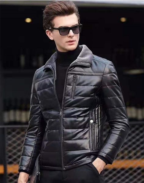 men's real leather down jacket men genuine lambskin winter warm leather coat with turn down sheep fur collar, Black
men's real leather down jacket men genuine lambskin winter warm leather coat with turn down sheep fur collar, Black