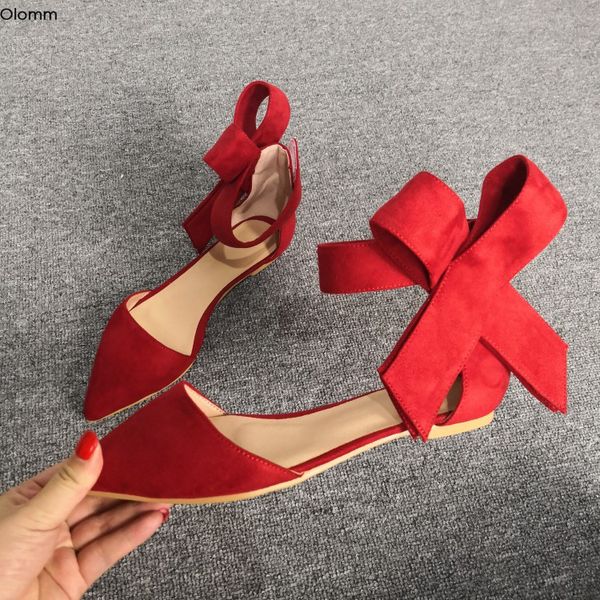 

olomm new women sandals nice butterfly knot flat with heels sandals pointed toe gorgeous red party shoes women us plus size 5-15, Black