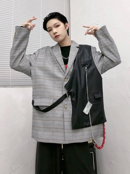 original korean teens blazer jacket men's women fashion casual loose two button half vest chain hip hop loose plaid suit jacket, White;black
original korean teens blazer jacket men's women fashion casual loose two button half vest chain hip hop loose plaid suit jacket, White;black