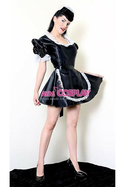 lockable sissy maid black satin dress cross dressers, Black;red