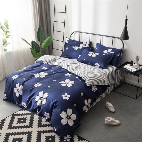 

white cherry blossom flowers bedding sets girls kids teens navy blue duvet covers pillowcases stripe bed sheets floral bed linen