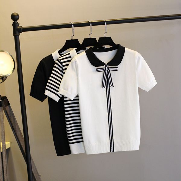 sweet doll collar striped bow lapel sweater short sleeve college wind knit pullovers summer qq017, White;black
sweet doll collar striped bow lapel sweater short sleeve college wind knit pullovers summer qq017, White;black