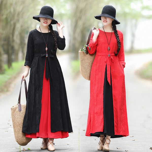 2019 spring clothing new style ethnic-style improved mock two-piece long cotton linen dress belly covering slimming, Black;gray
2019 spring clothing new style ethnic-style improved mock two-piece long cotton linen dress belly covering slimming, Black;gray
