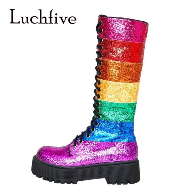 sequined bling bling glittery knight boots sweet girl's rainbow color stripe platform winter shoes women long boots, Black
sequined bling bling glittery knight boots sweet girl's rainbow color stripe platform winter shoes women long boots, Black