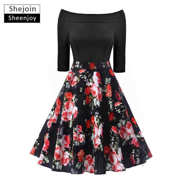 party dresses shejoinsheenjoy off shoulder autumn dress women 3/4 sleeve audrey hepburn 50s vintage floral print swing, White;black
party dresses shejoinsheenjoy off shoulder autumn dress women 3/4 sleeve audrey hepburn 50s vintage floral print swing, White;black