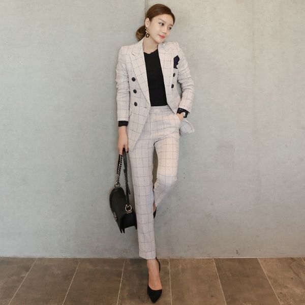 2017 autumn plaid two piece women beige lapel coat and trousers 2 piece set office style women's suits, White;black
2017 autumn plaid two piece women beige lapel coat and trousers 2 piece set office style women's suits, White;black