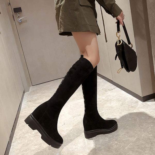 

lapolaka brand design suede leather knee high boots women wedges platform shoes autumn winter stretch boots woman, Black